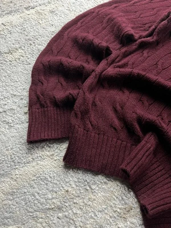 Suéter de lã com padrão de malha de cabo vermelho Bordeaux vintage Ralph Lauren tamanho G – photo 6